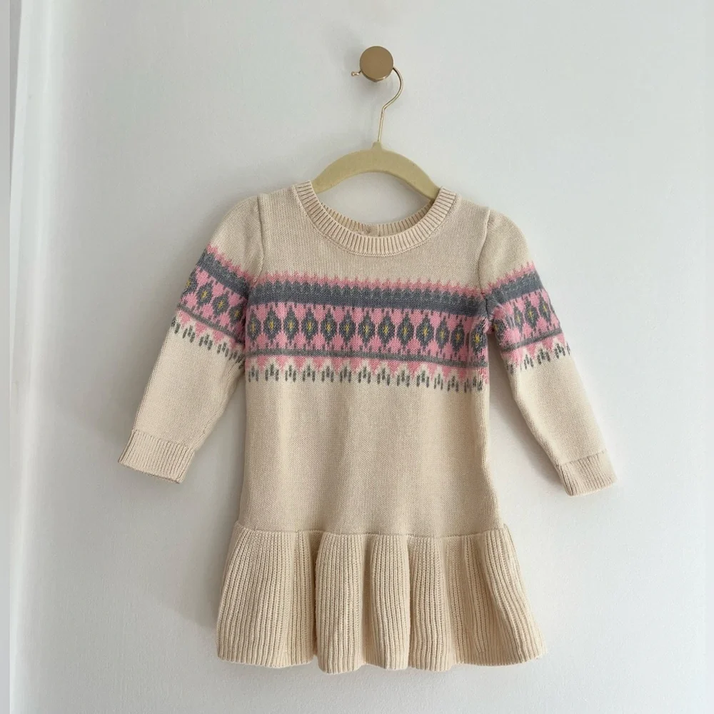Baby GAP Fair Isle Knitted Sweater Dress Cream & Pink Patterned Size 12-18 Month
